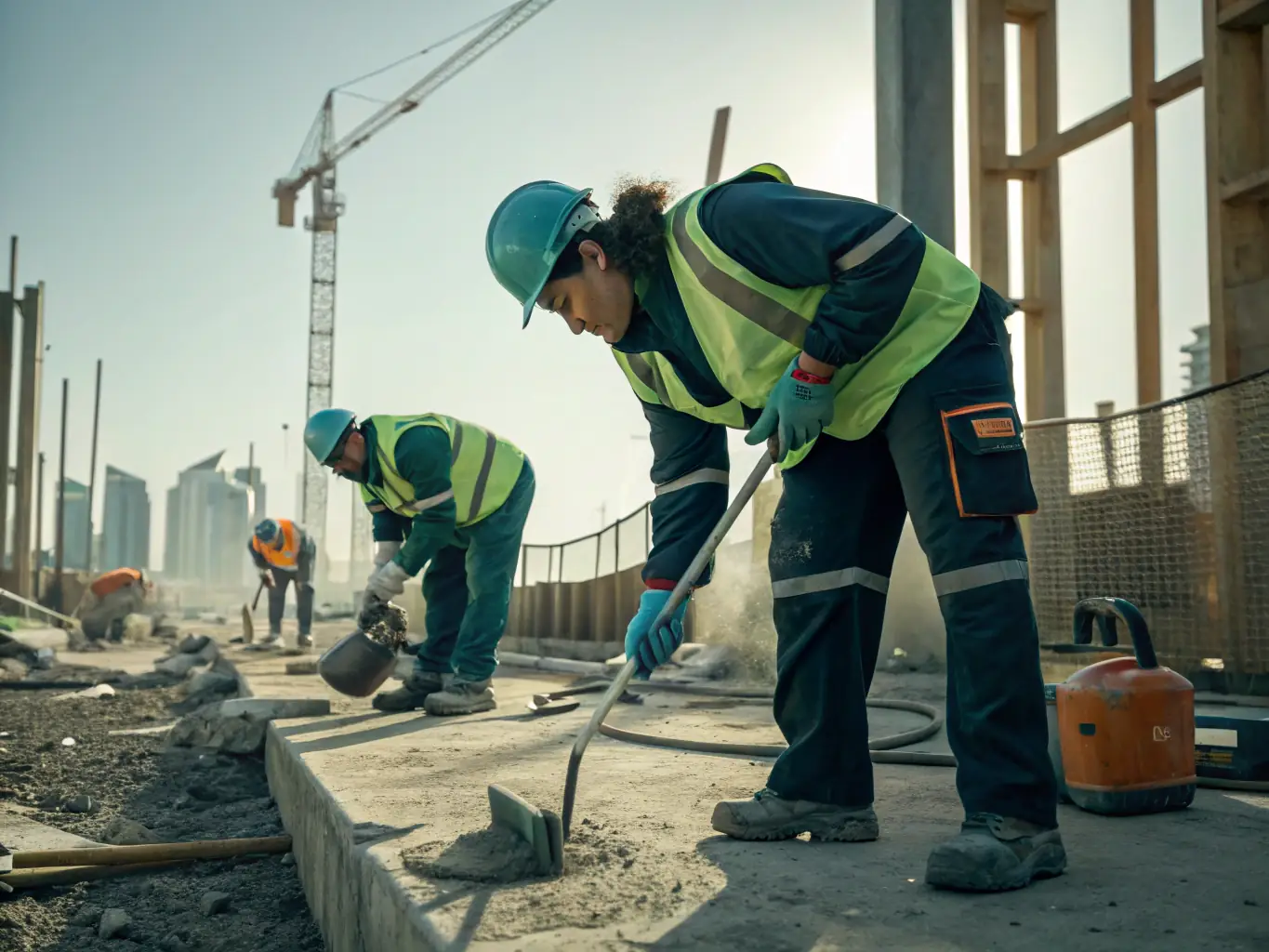 A team of Outreach Group specialists in protective gear cleaning a construction site, removing debris and ensuring a safe environment. The image highlights the thoroughness of the cleaning process.