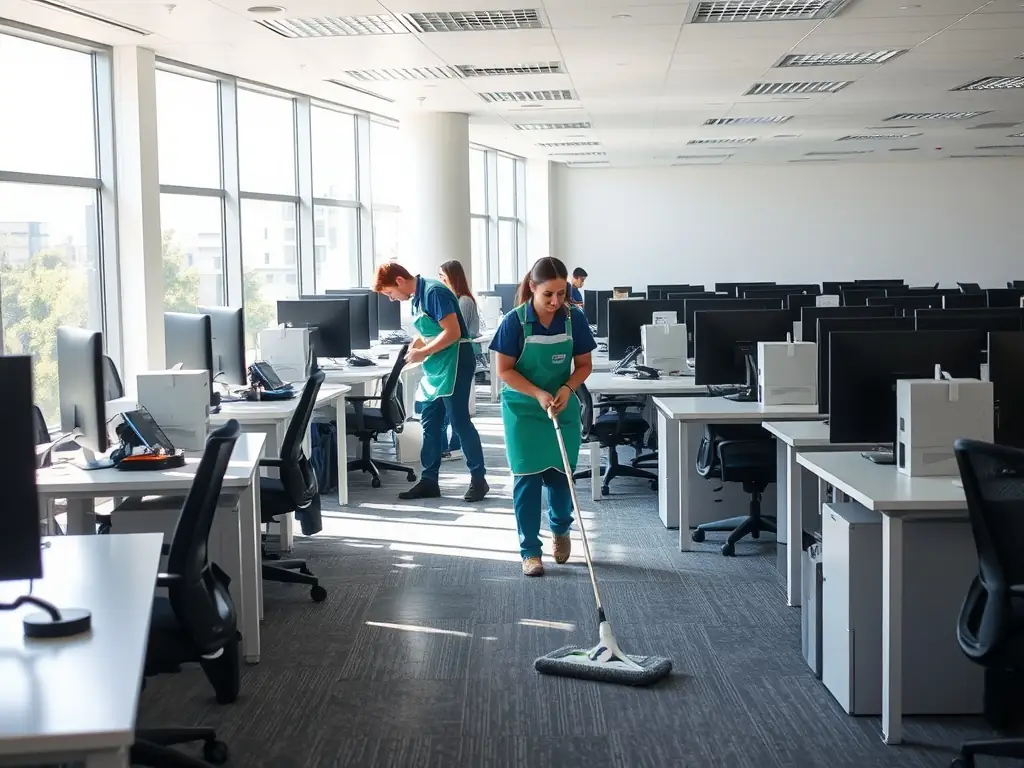 A professional cleaning team in uniform cleaning an office space with modern equipment, showcasing Outreach Group's commercial cleaning service.