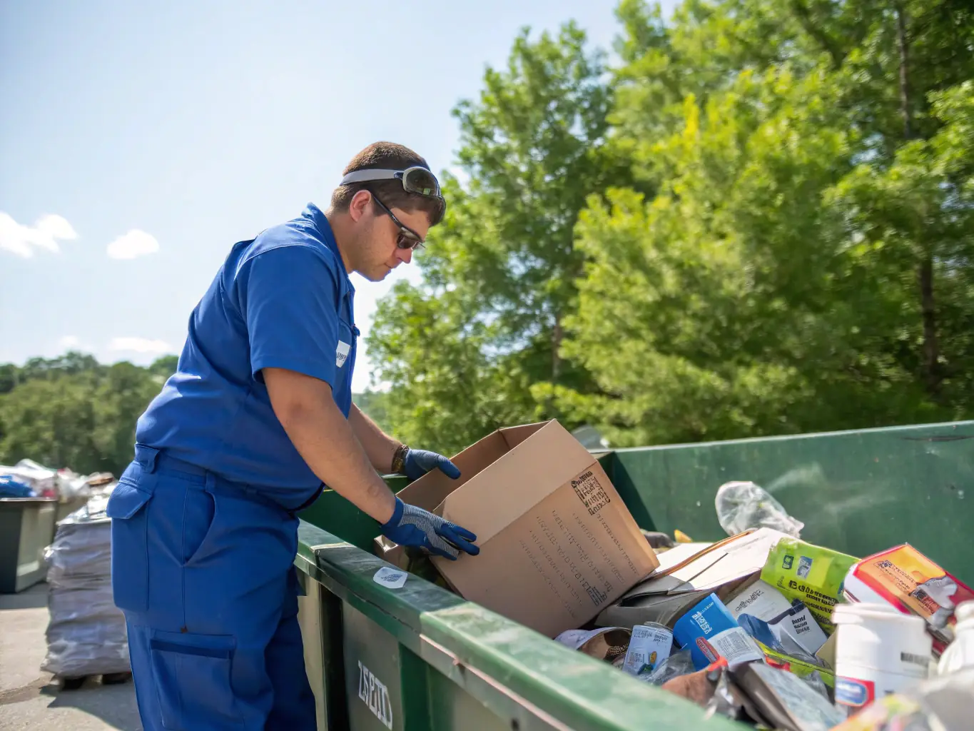 A recycling bin being emptied by a uniformed Outreach Group employee, with a focus on separating recyclable materials. The background shows a commercial building.