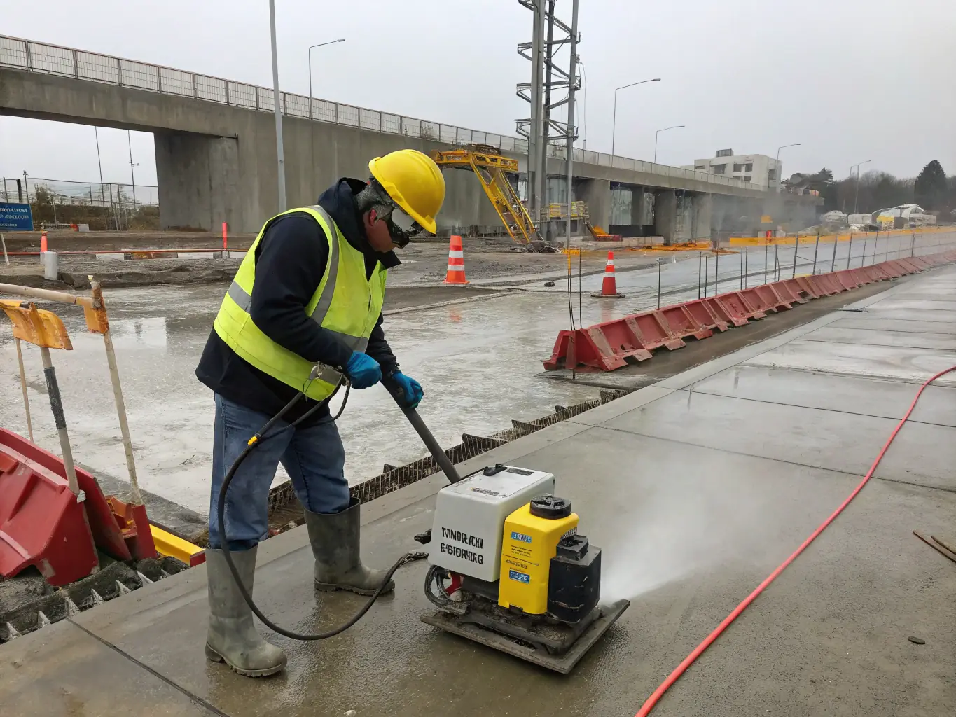 A cleaning technician using specialized equipment to clean a construction site, representing Outreach Group's specialist and project cleaning services.