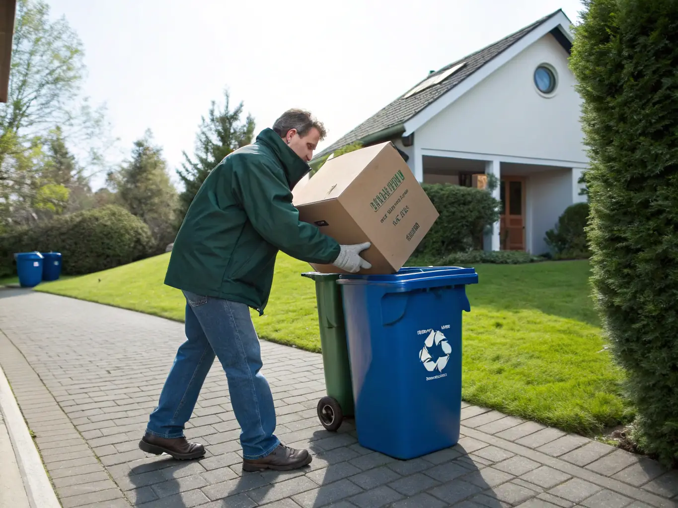 A worker collecting and sorting recyclable materials at a commercial site, emphasizing Outreach Group's commitment to sustainable waste management practices.