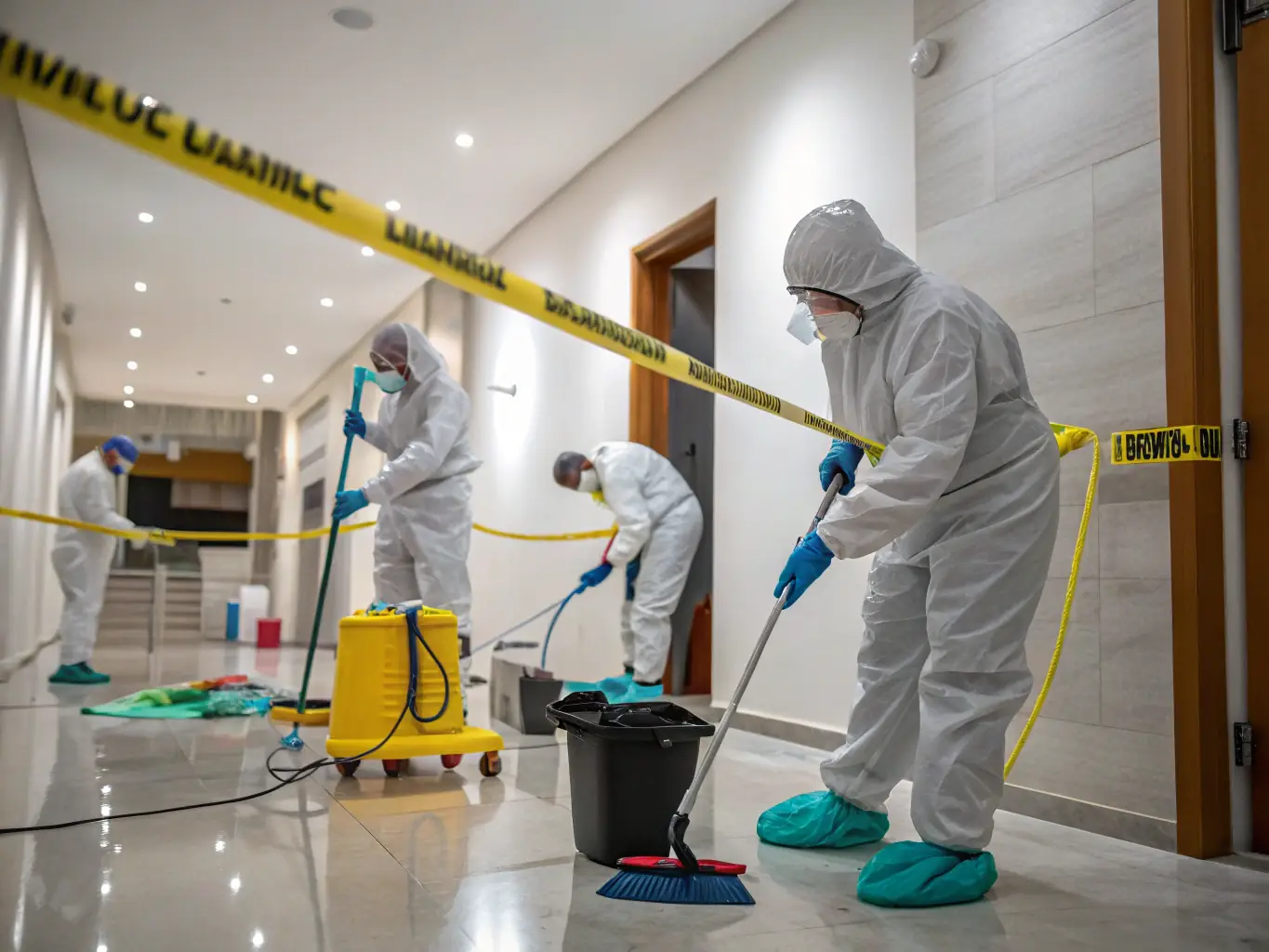A team of cleaning specialists in protective gear performing a deep clean in a post-construction environment, highlighting Outreach Group's expertise in handling complex cleaning projects.