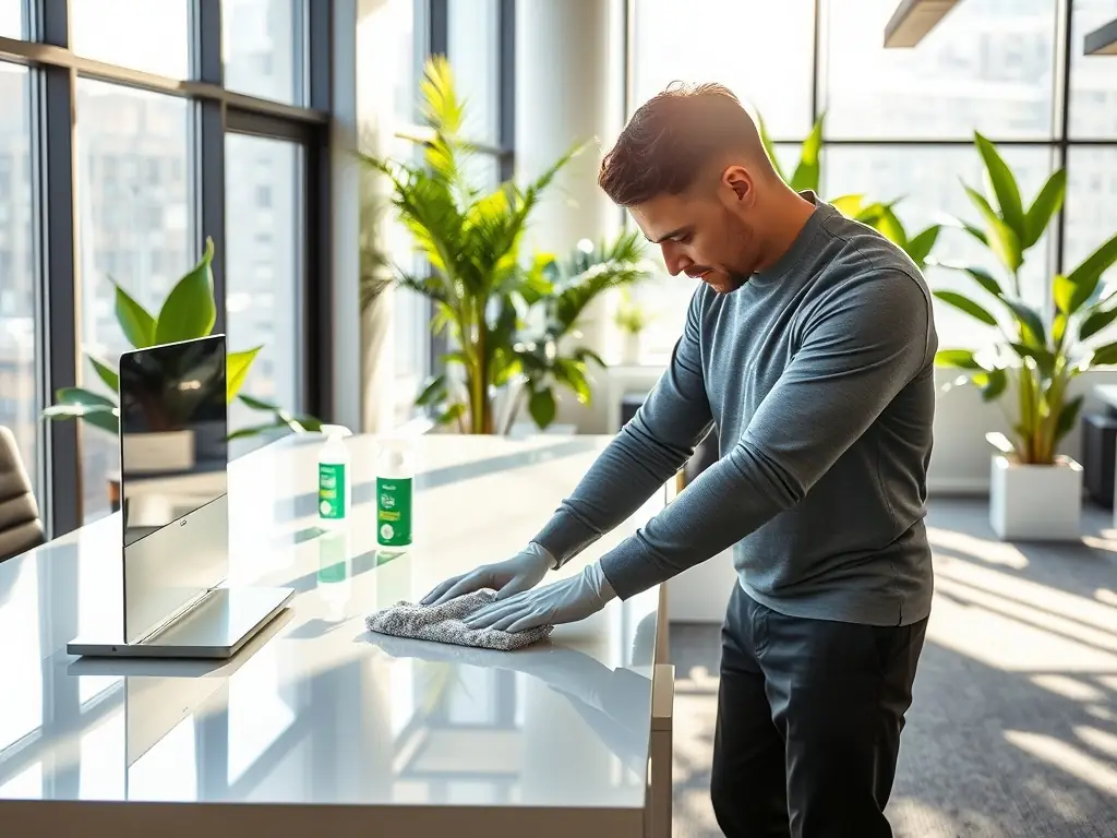 A brightly lit, modern office space being cleaned by a professional cleaner using eco-friendly cleaning products. The scene emphasizes cleanliness and a healthy work environment.